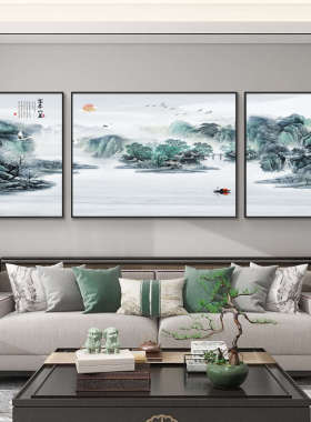 流水生财客厅装饰画沙发背景墙挂画2024新款新中式三联山水画雯沃