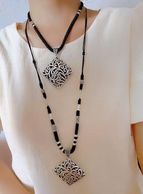 复古民族风大四方吊坠项链新中式毛衣链四方来财毛衣链棉麻配饰品