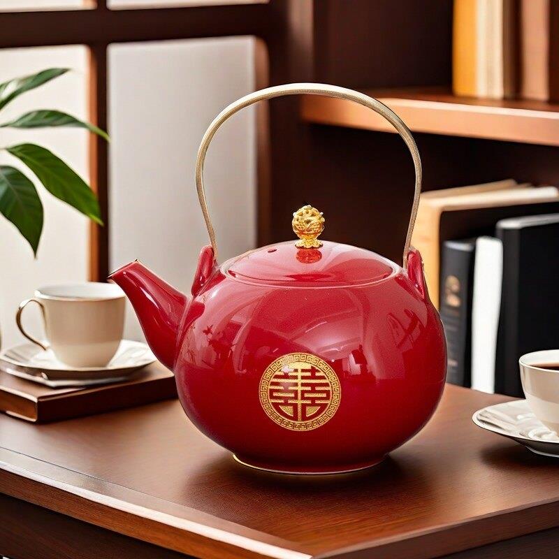 Wedding celebration tea cup Chinese style engagement supplies red bride dowry tray teapot tea set