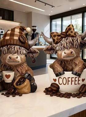 跨境高地牛树脂雕像摆件植绒彩绘工艺客厅桌面咖啡主题礼品精美