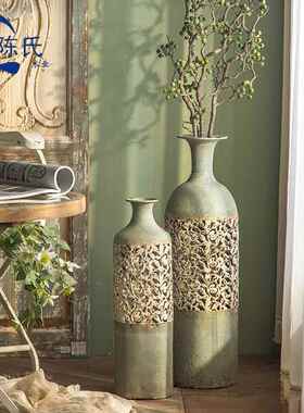 美式复古做旧镂空花瓶摆件民宿干花落地插花器花店装饰品摄影道具