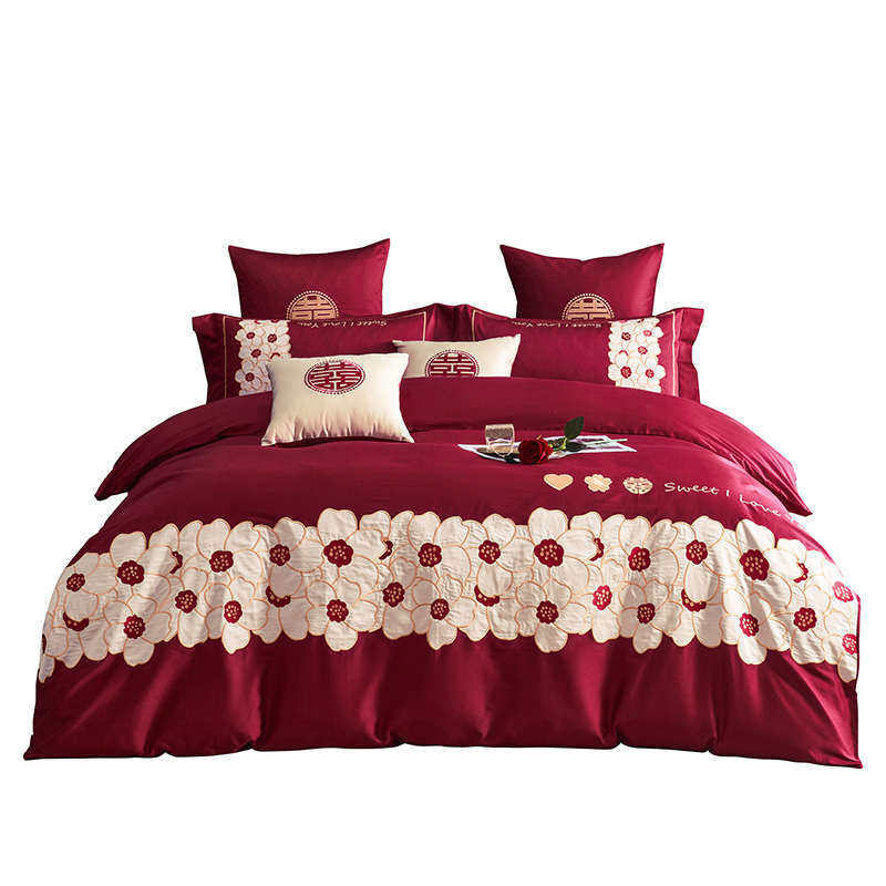 高级感婚庆四件套100支长绒棉全棉纯棉新婚床上用品4/6七件套酒红,淘宝优惠券,粉丝福利购,淘宝优惠卷