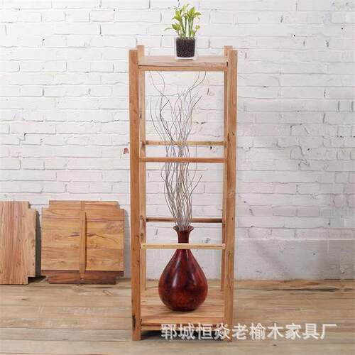 老榆木花架简约落地角几小书架隔板实木客厅置物架茶具展示架 - 图0