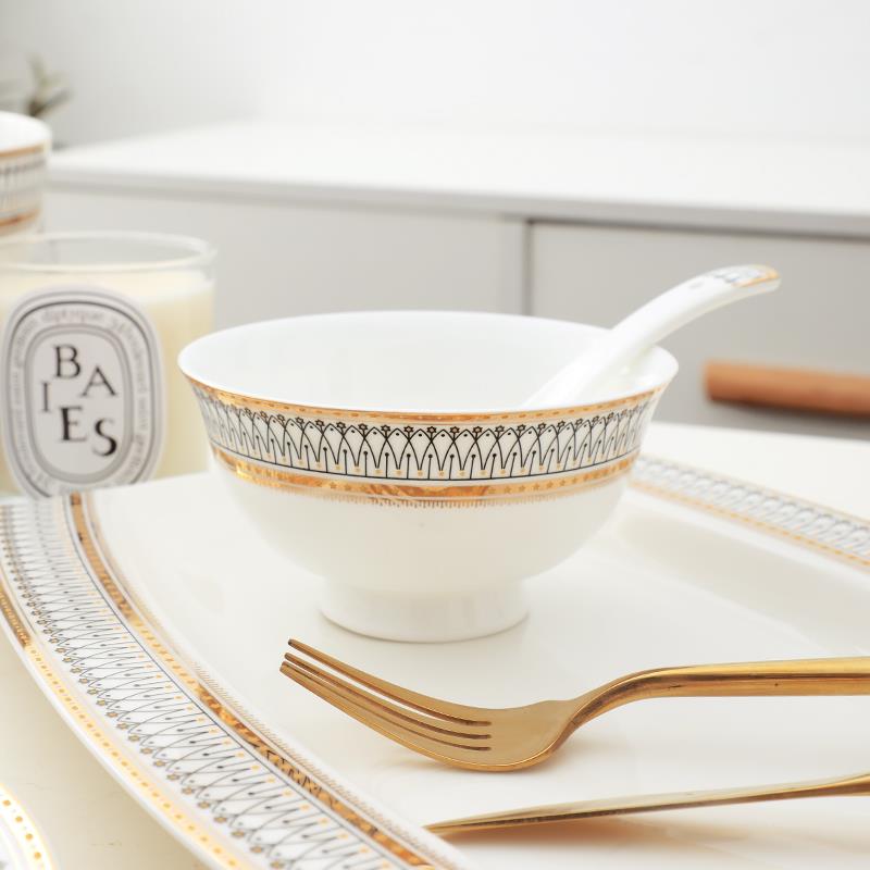 金边陶瓷餐具套装家用欧式西餐盘牛排盘过年用米饭碗汤碗碗碟套装