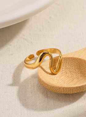 欧美时尚个性设计蛇形不规则曲线几何弧形不掉色开口戒指新品