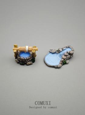 微景观摆件小号复古西湖灯塔 水井水池 小桥流水树脂场景桌面模型