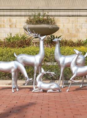 玻园璃钢银色梅花鹿塑林景观小品美花园雕抽象动YHD物鹿摆件婚庆