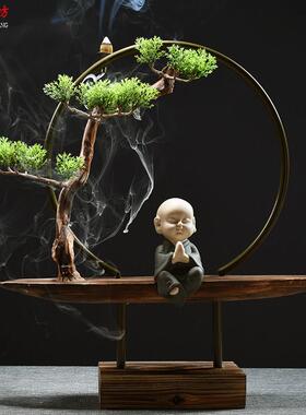 禅意倒流香玄关摆件中式家用创意佛像小和尚手工木制品根雕装饰品