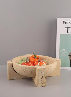 法式侘寂风大理石托盘高脚果盘黄洞石装饰盘软装会所台面家居摆件