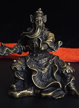 复古关公摆件黄铜大刀坐关公铜器摆件家居装饰工艺品铜关公摆件