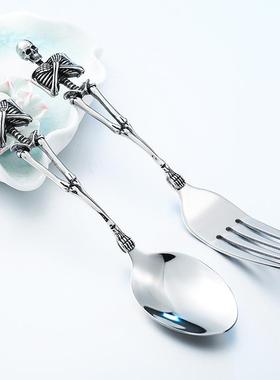 复古不锈钢工艺品钛钢骷髅餐叉汤勺创意叉勺子西餐具