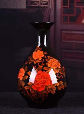 陶瓷花瓶摆件黑色牡丹花水晶釉观赏瓶现代家居客厅装饰品