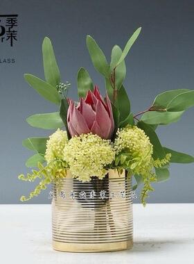 HJM-现代简约金色镀金条纹直筒玻璃花瓶创意插花客厅台面装饰摆件