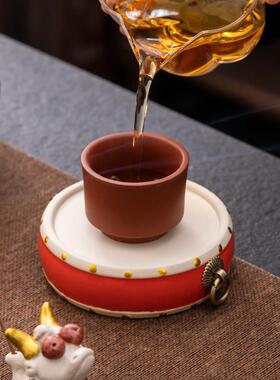 国潮国风新中式红色钟鼓工艺品摆饰茶壶底座盖置博古架书房装饰品