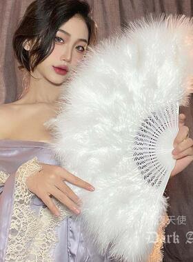 舞蹈演出折扇鹅毛双面毛毛扇子旗袍手工中式风羽毛粉红小女生成人