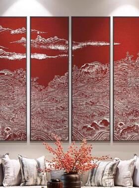 玄关茶室档浮雕红色壁画客餐厅酒店书房中堂新中式多联装饰挂画