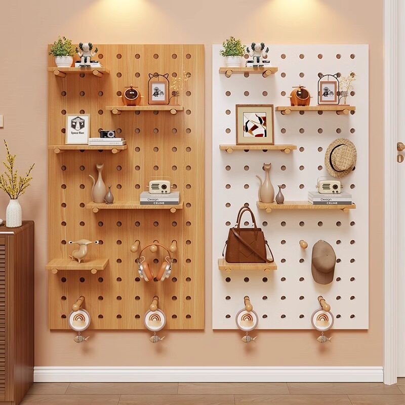 Solid wood hole board entrance door porch storage rack creative display rack wooden desktop wall desk storage layer