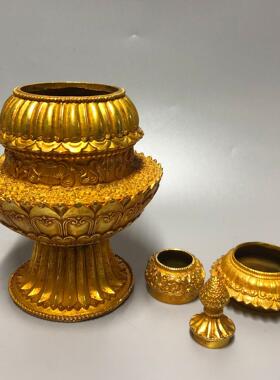 复古纯铜鎏金米盒 仿藏传密宗佛台供奉修粮米壶摆件 佛前宝瓶米罐