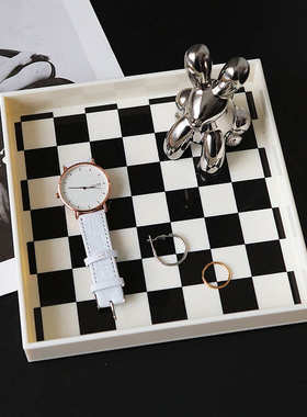 北欧ins黑白棋盘格进门玄关放钥匙收纳摆件家居装饰品桌面整理盘