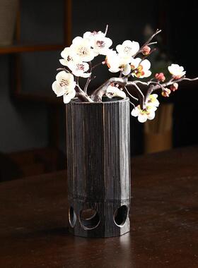 日式干花竹筒花瓶茶道竹制复古花器禅意桌面插花摆件简约小型花盆