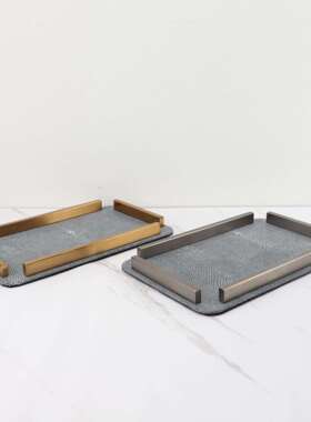 欧式简约金属皮革收纳托盘软装饰品客厅茶几书房样板间工艺品摆件