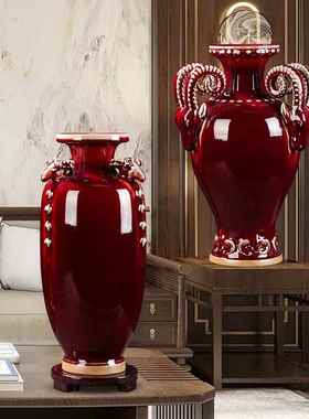 景德镇陶瓷器钧瓷开片三阳开泰郎红花瓶中式家居客厅工艺品摆件