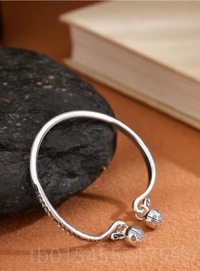 正品泰9国迈手工纯清银手镯女款学生复足古碎花小铃铛99银镯子饰