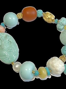 新品天然原矿绿松石多宝手链18k金高定关公手牌珠链珠单珠13.5mm