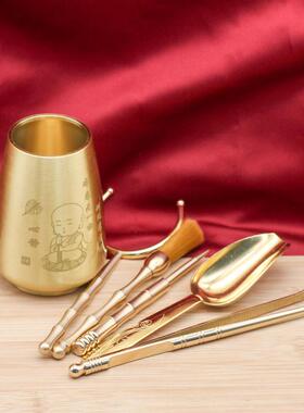 黄铜茶六君子茶具配道套件装茶刀0茶勺茶罐茶壶茶杯茶道套装叶礼
