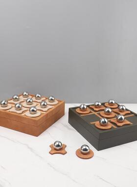 北欧创意金属皮革棋盘装饰收纳盒摆件客厅卧室书房软装家居装饰品