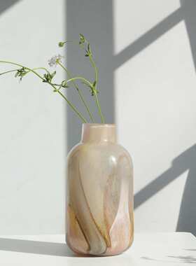 新中式渐变拼色玻璃花瓶粉水墨晕染插花器复古高级感软装摆件装饰