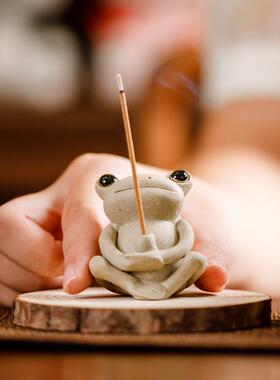 禅意青蛙茶宠摆件陶瓷香插不听不说蛤蟆鱼缸造景景德镇手工文创
