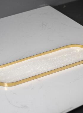 PZC轻奢椭圆形仿洞石托盘摆件样板卧室梳妆房置台金收纳物盘装属