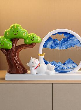 放青松躺赚招财猫流沙画摆件办公室玄关家居解压情绪稳定生日礼物