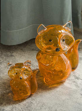 简约北欧创意手工琉璃橘色小狐狸玻璃摆件软装家居酒柜陈设装饰品