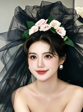 万圣节黑色头纱结婚新娘蕾丝头纱