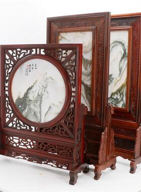 红木台屏彷红酸枝屏风实木雕刻桌面摆件石画插屏东瓶西镜过年送礼