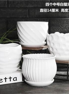 花盆陶瓷创意大号带托盘家用绿萝多肉花盆白色植物小花盆