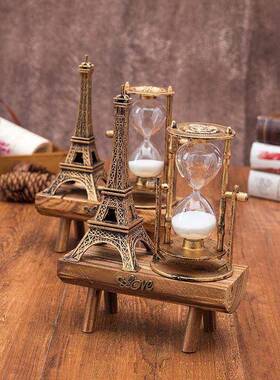 覆古巴黎铁塔沙漏摆件1047 创意学生礼物木质树桩沙漏装饰摆件