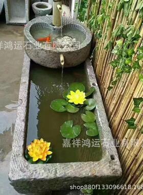 石材雕刻长方形花盆户外庭院装饰石盆浮雕荷花鱼福字景观石制花槽