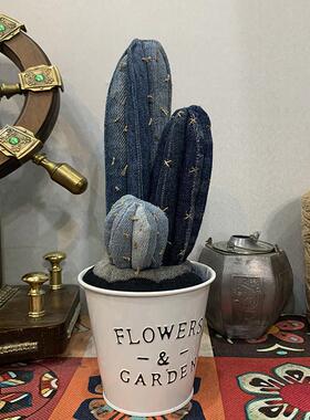 创意牛仔仙人掌盆栽造景组合摆件手工布艺活性炭办公室桌面装饰品