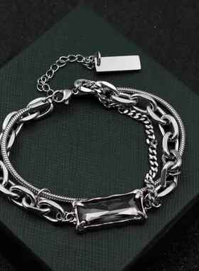 手链男潮ins冷淡风小众设计女轻奢个性暗黑高级灰钻情侣钛钢手环