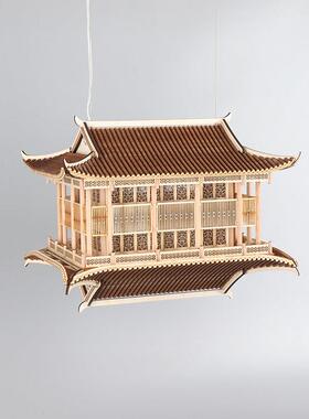 新中式木质手工倒影古建筑凉亭家居客厅酒店大堂造景悬挂镜像摆件