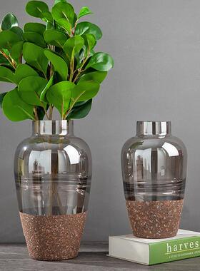 轻奢电镀茶色加磨砂石玻璃花瓶水培花器家居客厅装饰品插软装花瓶