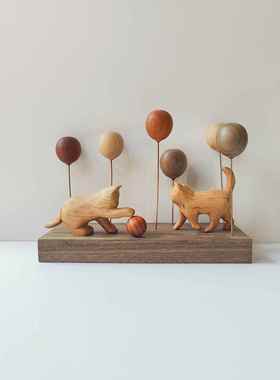 软萌治愈系 实木气球 朦胧猫木制手作氛围玄关车载装饰 桌面摆件