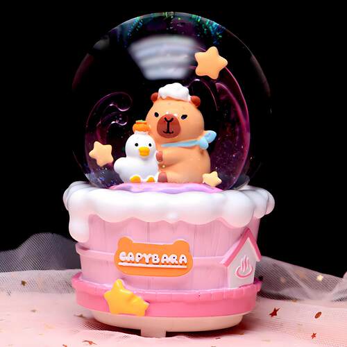 新款卡皮巴拉水晶球音乐盒飘雪可爱水豚八音盒摆件儿童女生日礼物 - 图1