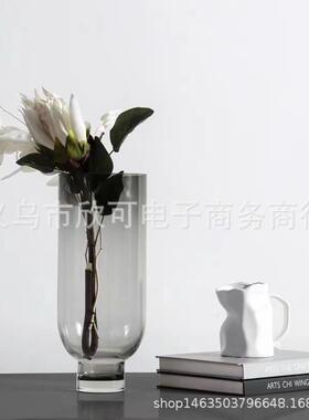 灰色简约现代圆形玻璃花器客厅花艺插花装饰花瓶摆件样板间软装