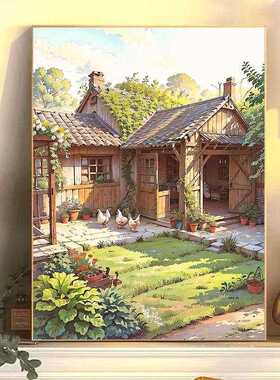 diy数字油画工厂手工填色乡村复古庭院油彩画摆摊