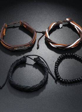 文艺复古枫叶手工编织diy手串士多层四件套组合手链跨境饰品
