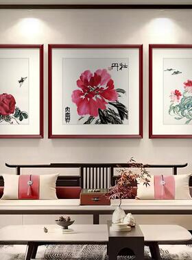 齐白石荷气生财客厅装饰画新中式实木高档国画沙发墙挂画三联壁画